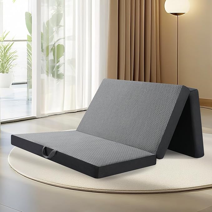 Tri Folding Mattress Full Size - Memory Foam Tri-fold Handle & Non-Slip Bottom, Portable Foldable Sofa Bed Floor Chair for Travel RV Camping Guest Yoga - 4 Inch, 73"x52"x4"