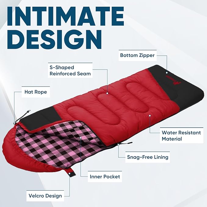 PTEROMY Sleeping Bags for Adults, Lightweight and Machine Washable, Water Resistant Backpacking Camping Sleeping Bag for Warm Cold Weather, Camping Essentials for Hiking Travel