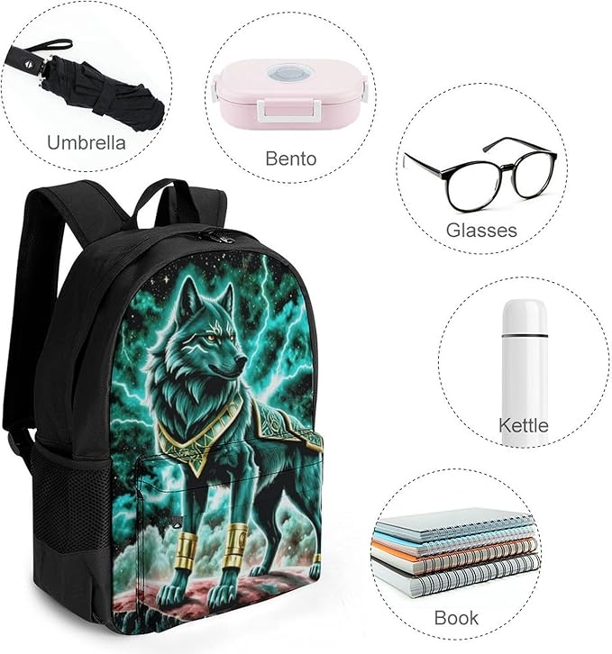 Lightweight Daypack Bookbag for Trekking Business Walking Cycling, Big Capacity Anti-Theft Multipurpose Carry On Bag, Mountain And Northern Light Wolves Psychedelic Business Computer Bag