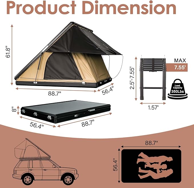 Rooftop Tent, Hardshell Roof Top for 2-4 Person, with Aluminum Telescopic Ladder, LED Strip Light