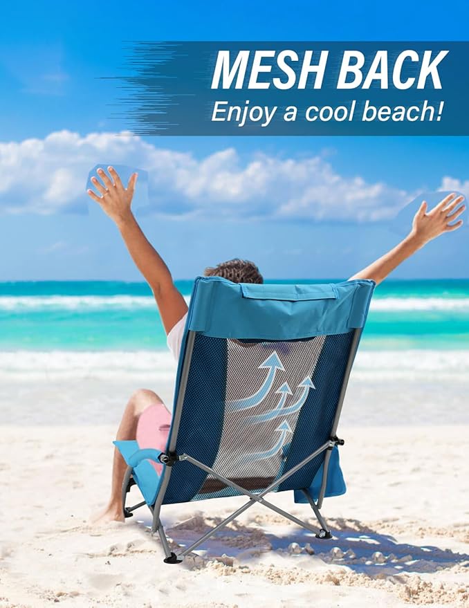BDL Low Beach Chairs for Adults 2 Pack, Portable Lightweight Folding Chair Cup Holder & Carry Bag, Set of 2 Folding Beach Chair for Outdoor, Sand, Camping, Concert, Travel（Blue）