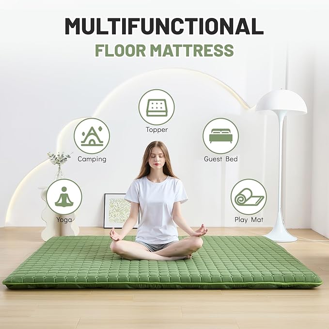 Japanese Floor Mattress Twin, Anti-Slip Japanese Futon Roll Up Tatami Mat for Guests, Green