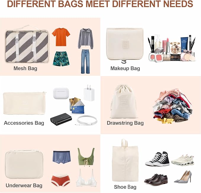 8 Set Compression Packing Cubes for Travel Essentials,Suitcase Organizer Bags, Carry-On Luggage Accessories with Laundry & Toiletry Bag, Road Trip & Camp Gifts for Men and women(beige)