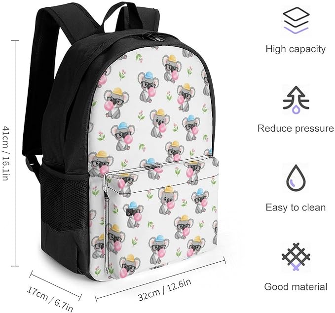 Rucksack Polyester Anti-Theft Multipurpose Bubble Gum Koala White Bookbag Big Capacity Travel and Sport Backpack Rucksack With Side Pockets