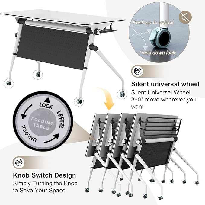 47.2inch Folding Conference Table – Portable Flip-Top Desk with Locking Wheels, Heavy-Duty Metal Frame, Space-Saving Design for Office & Training Rooms