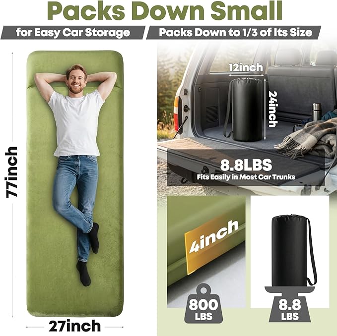 Self Inflating Sleeping Pad with Electric Pump, 4" Ultra-Thick Memory Foam Camping Pad, 4 Season Camping Mattress Pad with Removable Cover, Camping Essentials Gear for Tent Travel Car