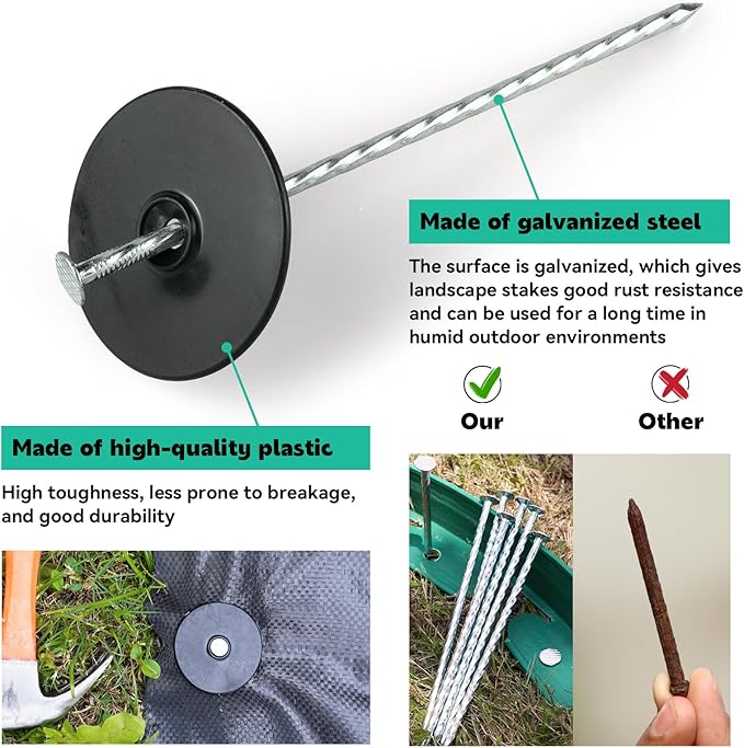 Spiral Landscape Stakes with Gasket, Heavy Duty Galvanized Metal Garden Landscape Stakes Kit for Securing Weed Barrier Fabric, Artificial Turf, Floor Mat and More (6 Inch Stake + Gasket, 300)