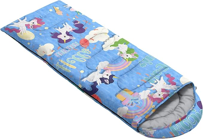Kids Sleeping Bag for Boys Girls,Cartoon Blue Unicorn Print-Lightweight Warm Portable Outdoor Indoor-Waterproof Cold Weather Resistant Sleeping Bag for Camping Hiking