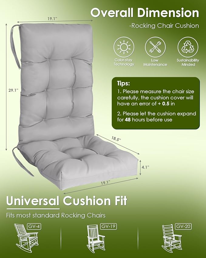 GREENVINES Rocking Chair Cushion | Polyester | Waterproof | Outdoor High Back Rocker Chairs Cushions | Seat with Ties | Non-Slip | Thickened Pad for Patio | 46.5" x 18.5" x 4.3" | Grey