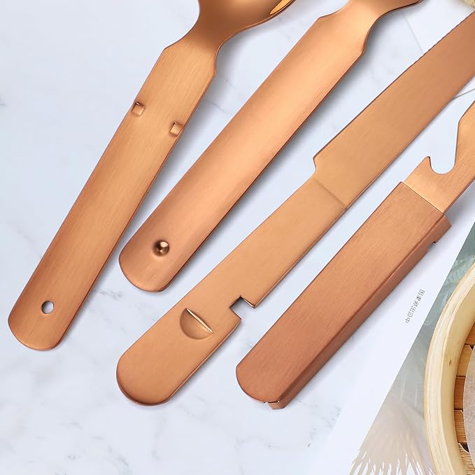 Camping Silverware Copper/Rose Gold Flatware Stainless Steel Eating Utensils Set Travel Portable Knife Fork Spoon Bottle Opener 4 Pieces Multi-functional Durable