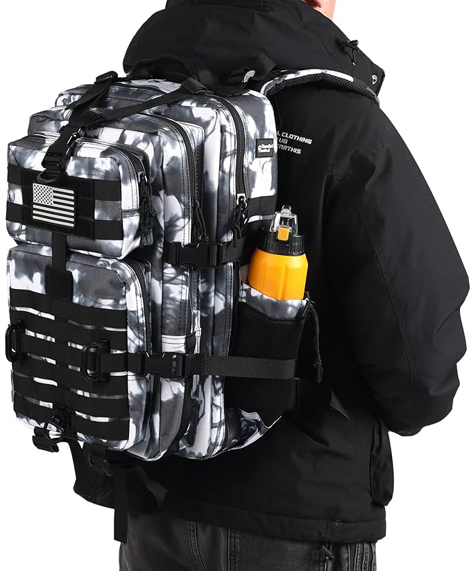 45L MOLLE Assault Pack, Tactical Backpack Military Army Camping Rucksack with Bottle Holder, 3-Day Pack Trip w/USA Flag Patch, D-Rings, White Camo