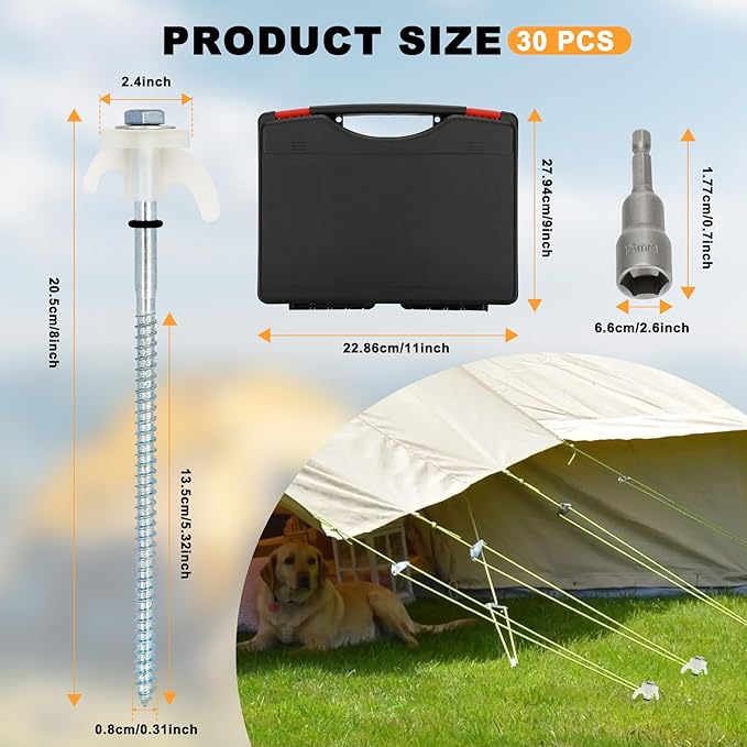 30 Pack 8" Heavy Duty Tent Stakes Screws- Glow in The Dark Metal Tent Stakes-Drill in Style Ground Anchor Screw in Pegs for Camping Patio Garden Awning Canopy Grassland, Comes with Hexagon Head Drive