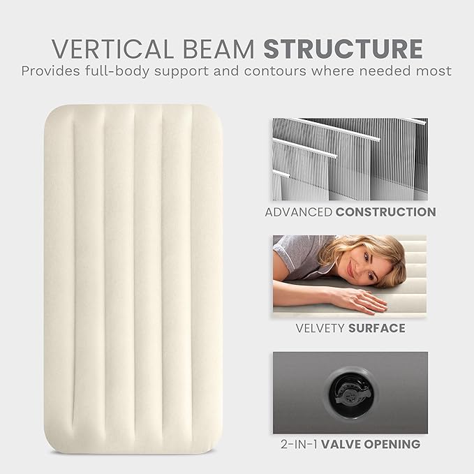Intex 64101E Dura-Beam Standard Single-High Air Mattress: Fiber-Tech – Twin Size – 10in Bed Height – 300lb Weight Capacity – Pump Sold Separately