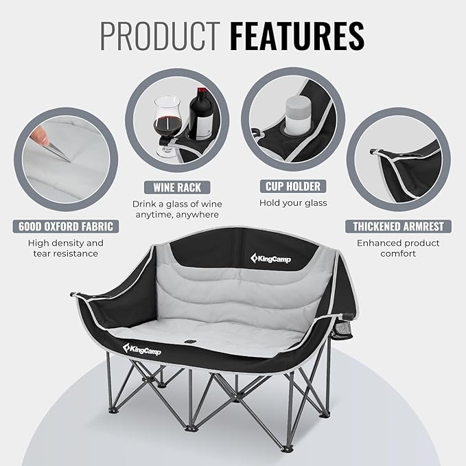 KingCamp Double Camping Chair, Oversized Heavy Duty 550lbs Loveseat for Adults Portable Folding XL 2 Person Couch Padded Comfortable Two Seat with Cup Holder for Outdoor Lawn Backyard, Black/Grey