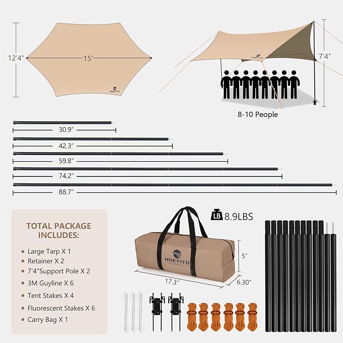 Camping Tarp with Poles & Retainer,15x12.5FT Large Waterproof 210D Oxford Cloth Camping Canopy, Anti-UV UPF100+ Tent Tarp for Outdoor, Picnic, Car, Hammock, Backpacking (Khaki)