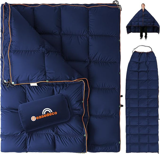 Down Camping Blanket - Navy Blue, 1lb 6oz / 77 * 52'' Lightweight Packable Warm Puffy Travel Quilt with Footbox, 650 Fill Power Waterproof Outdoor Blankets for Hiking, Travel Down Quilt