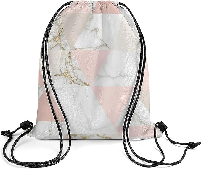Gym Drawstring Bag Sports Sackpack Waterproof String Backpack with Shoe Compartment for Hiking Swimming Training, Rose Gold Grey Marble Bags