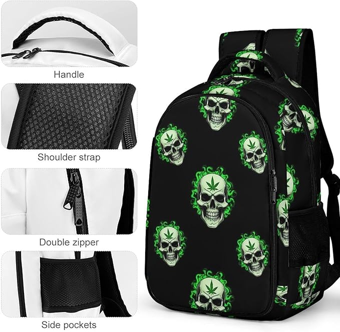 Nurse Teacher Laptop Backpack Skull WeedLeaf Leaves Green Black, Cute Travel Backpack Purse with Tumbler Holder for Women College Work Commute