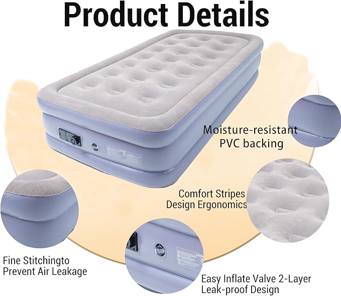 Twin Air Mattress Bed with Built in Pump,16 Inches High Airbed Inflatable Mattress,Comfort Thickened Blow Up Air Mattress,Travel Sleeping Pad for Guests Home (Twin Size)