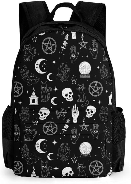 Men Women Lightweight Moon Gothic Skulls Raven Witch Board Black Cat Daypack Bookbag Big Capacity Carry On Bag With Side Pockets for Camping Travel Bicycle