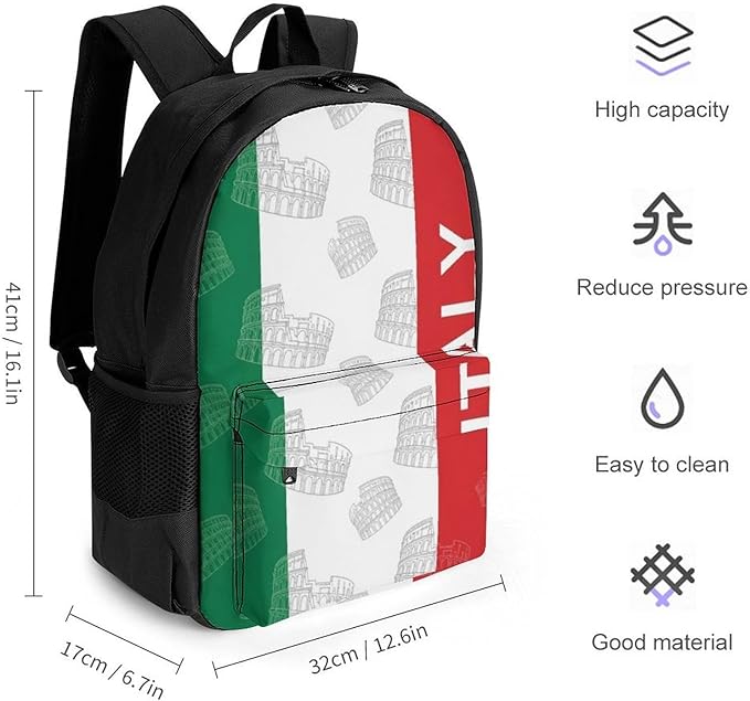 Lightweight Daypack Backpack for Trekking Work Running, Big Capacity Multipurpose Anti-Theft Bookbag, Italy Italian Flag Roman Colosseum Business Computer Bag