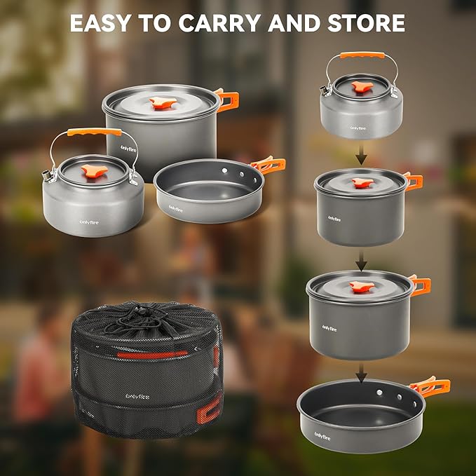 Onlyfire 10pcs Camping Cookware Mess Kit, Non-Stick Lightweight Pot Pan Kettle Set with Plates Forks Knives Spoons for Camping, Backpacking, Outdoor Cooking and Picnic CT603