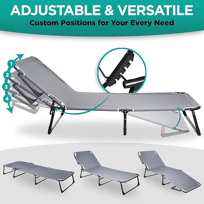 ZONETECH Folding Cot & Pad Mattress 4 Position Adjustable Portable, Premium Quality for Adult and Kids-Perfect for Camping, Travel, Patio, Beach, Indoor & Outdoor Activity (1-Pack)