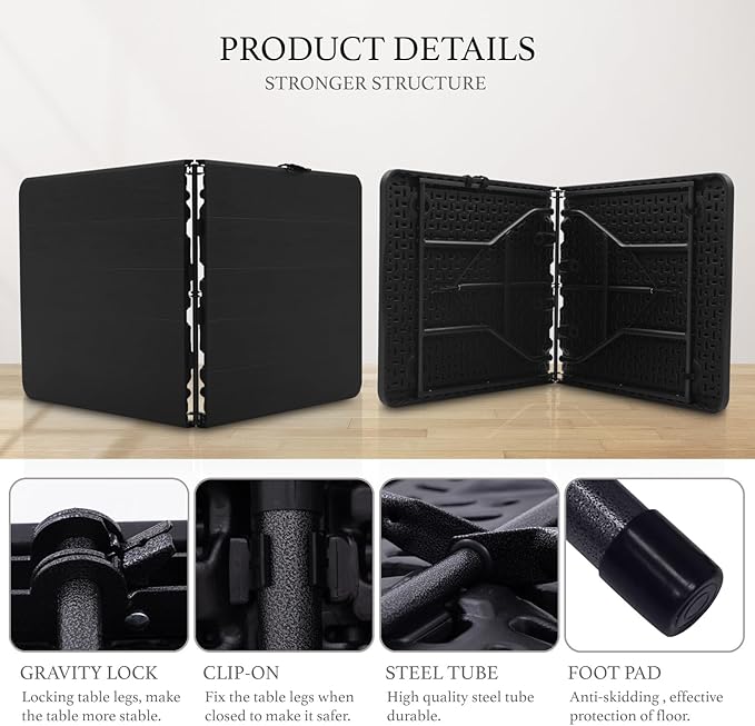 AJP Distributors 6 Foot Portable Plastic Folding Table 6FT 72" Half Foldable Heavy Duty Top w/Carry Handle - Indoor Outdoor Camping Picnic Party Wedding Dining Office Event Meeting Black Wood Style