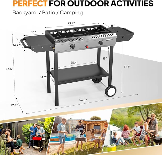 Bonnlo 2 Burner Propane Gas Burner with Auto Ignition, 150000 BTU Camping Stove with Storage Shelf and Rolling Wheels, Portable Outdoor Cooker for Patio Backyard Cooking Frying Boiling and Stewing