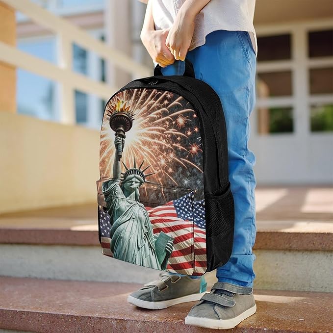 Supdreamc Men Women Lightweight Statue Of Liberty American Flag Firework Patriotic Casual Daypack Big Capacity Bookbag With Padded Straps for Gym Travel Walking Cycling