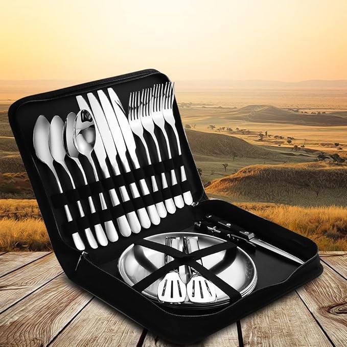 Camping Silverware Silver Picnic Plates and Utensils Set for 4 Portable Tableware Stainless Steel Flatware 20 Pieces With Organizer Bag Reusable Durable