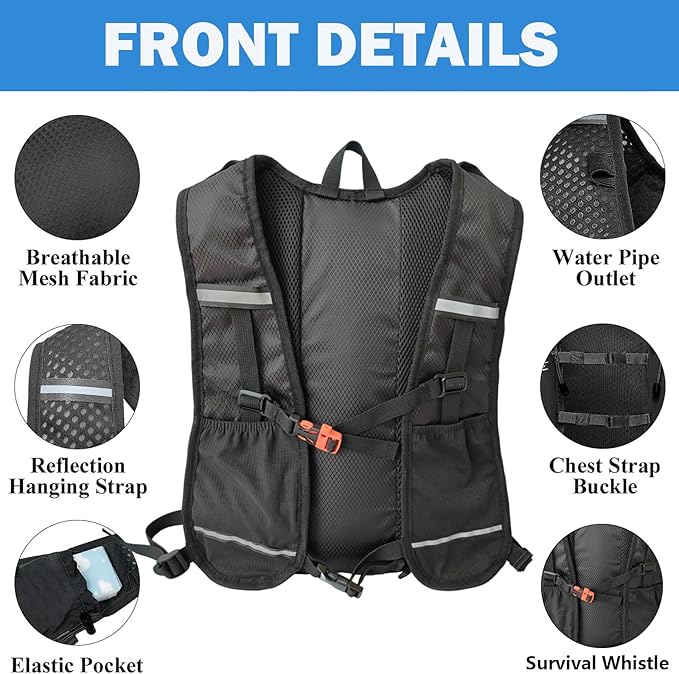 Lightweight Hydration Backpack, Running Backpack with 2L Water Bladder, for Women and Men Marathon, Trail, Cycling, Hiking, Jogging