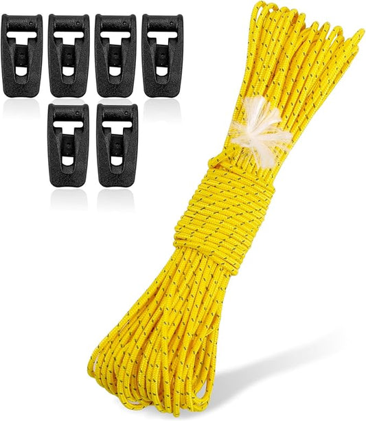 Hikeman Tent Guy Ropes 2mm-Ultralight Strong Guy Lines with Tensioner Reflective UHMWPE Fiber Tent Cord for Camping, Hiking, Backpacking Rope (Yellow, 39 Feet, 6 Tensioners)