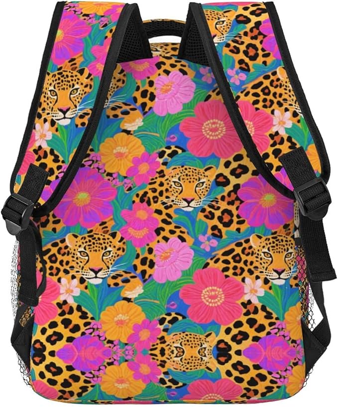 Men Women Polyester Red Floral Leopard Cheetah Art Daypack Big Capacity Shoulder Bag With Smooth Zippers for Hiking Work Walking Cycling