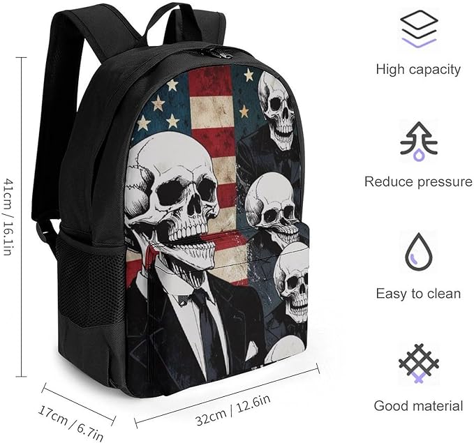 Men Women Lightweight Skull American Flag Blue Red White Backpack Large Capacity Carry On Bag With Padded Straps for Sports Work Walking Cycling
