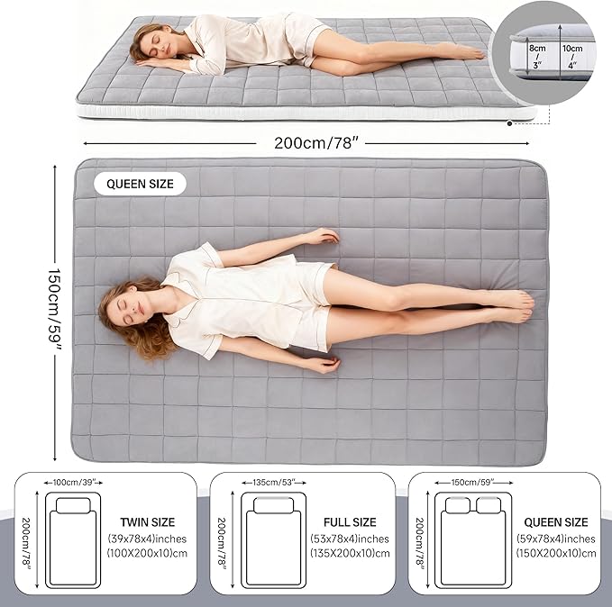 Welnow Japanese Futon Floor Mattress, Queen Size Thick Tatami Mat Portable & Foldable Roll Up Floor Bed Mattress with Storage Bag, Sleeping Pad for Adults, Dorm, Guest Bed, Camping and Travel, Grey