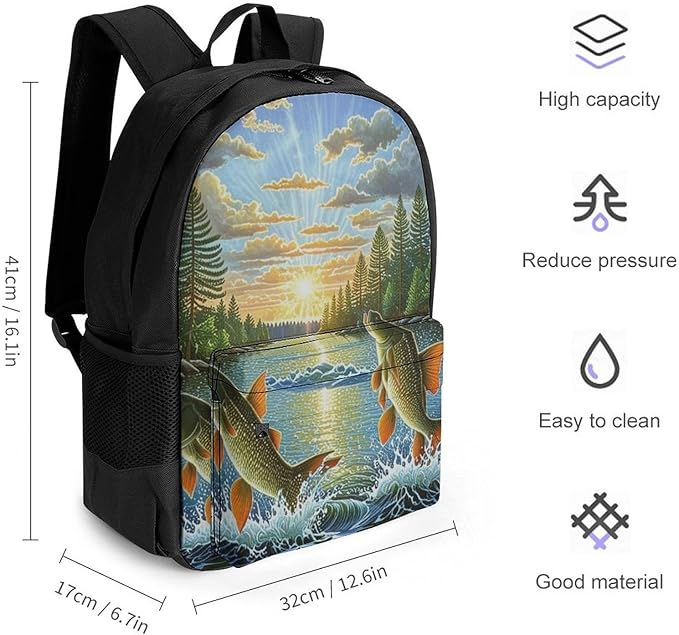 Supdreamc Backpack Polyester Anti-Theft Multipurpose Two Fish Jumping Out Of Water Art Bookbag Large Capacity Laptop Book Bag Rucksack With Side Pockets