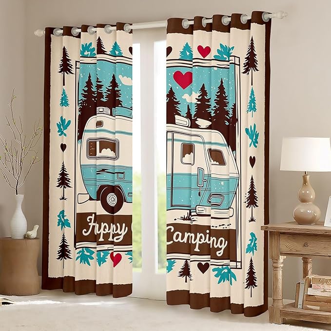 Erosebridal Camper Adventure Kids Window Drapes Happy Camping Rustic Cabin Blackout Curtains 38" Wx54 L Rv Pine Tree Nature Curtains for Bedroom Living Room,Brown Country Window Treatments 2 Panels