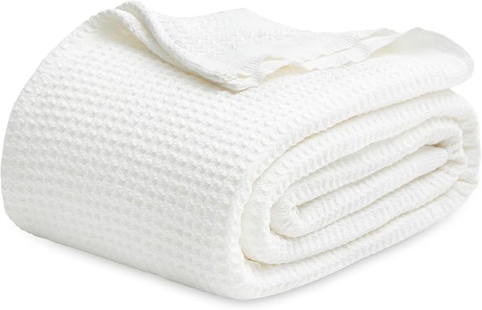 Bedsure Gentlesoft 100% Cotton Blanket King Size for Bed - Breathable and Soft, Waffle Weave Blanket for Summer, Thick Cozy Fall Blankets for Women Gift, White, 104x90 inches
