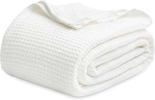 Bedsure Gentlesoft 100% Cotton Blanket King Size for Bed - Breathable and Soft, Waffle Weave Blanket for Summer, Thick Cozy Fall Blankets for Women Gift, White, 104x90 inches
