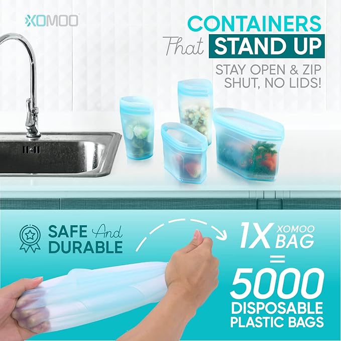 Reusable food container silicone bag, Full Set 6, 2 Cups, 2 Dishes, 2 Bags Zip Containers Storage, 100% Silicone Reusable Food Bag, Stand Up Preservation Bag, Rounded interior for easy cleaning.