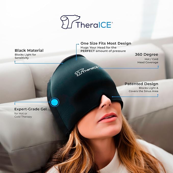 TheraICE Migraine Relief Cap, Soothing Headache Ice Pack Mask Products, Cooling Gel Hat, Face Cold Compress Head Wrap for Tension, Stress & Hangover