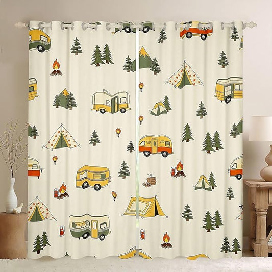 Erosebridal Camping Adventure Window Curtains 38" Wx54 L Happy Camping Blackout Curtains for Bedroom Living Room,Camper Campfire Pine Trees Window Treatments Tent Outdoor Life Drapes Decor 2 Panels