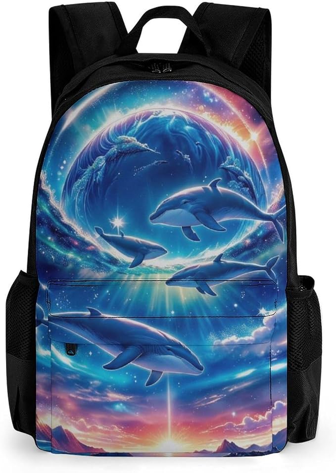 Polyester Daypack for Hiking Work Running, Big Capacity Anti-Theft Multipurpose Shoulder Bag, Galaxy Dolphin Star Space Travel and Sport Backpack Rucksack