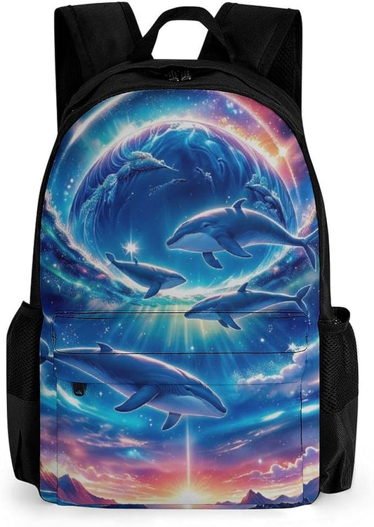 Polyester Daypack for Hiking Work Running, Big Capacity Anti-Theft Multipurpose Shoulder Bag, Galaxy Dolphin Star Space Travel and Sport Backpack Rucksack