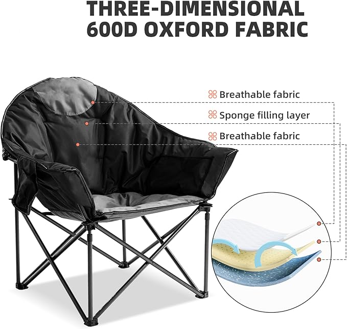 Oversized Camping Chair with Cup Holder & Carry Bag - 500lbs Heavy Duty Moon Saucer Chair for Outdoor, Lawn, Sports, Patio - Padded Folding Sofa Chair, Black & Gray
