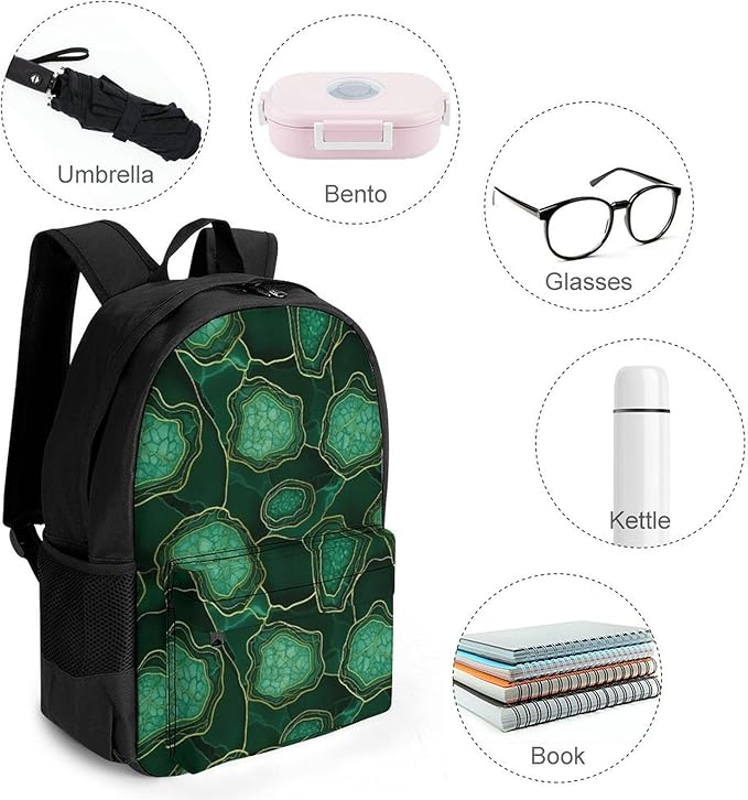 Supdreamc Lightweight Backpack for Gym Travel Bicycle, Big Capacity Multipurpose Anti-Theft Carry On Bag, Emerald Marbled Gold Glitters Green Marble Travel Hiking Bag Day Pack