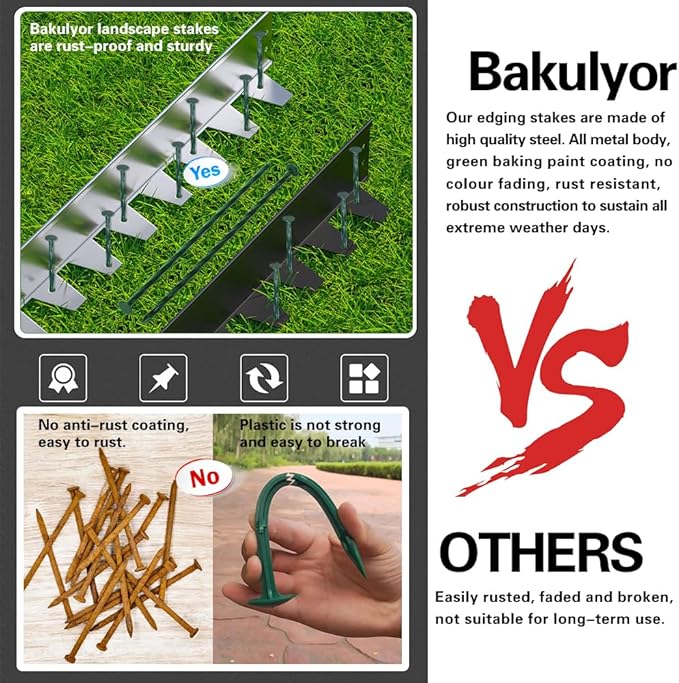 Bakulyor 100 Pack Metal Landscape Stakes, 8 Inch Artificial Grass Nails, 6 Gauge Large Landscaping Staples, Green Edging Anchor Stake for Garden Ground Lawn Paver Timber Border Weed Barrier Spikes 8"