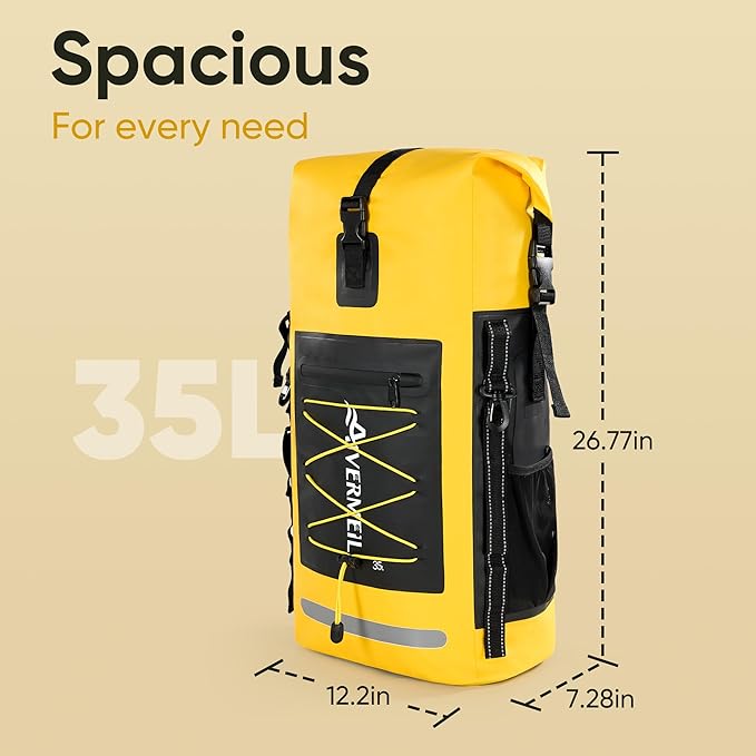 Dry Bag Waterproof Backpack 35L for Men & Women Roll-Top Hiking Backpack with IPX8 Waterproof Phone Case for Kayaking Boating Cushioned Padded Back Yellow