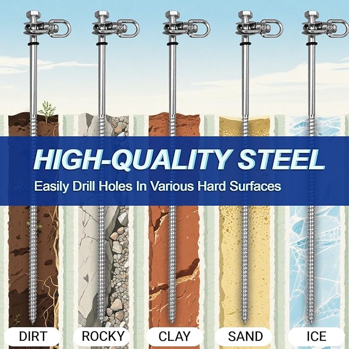 12 Inch Steel Screw in Tent Stakes,8 Pack Tent Stakes Heavy Duty,Ground Anchors Screw in,Trampoline Anchor Kit,Swing Set Anchors,Metal Threaded Camping Stakes with Hex Head Driver&Storage Bag